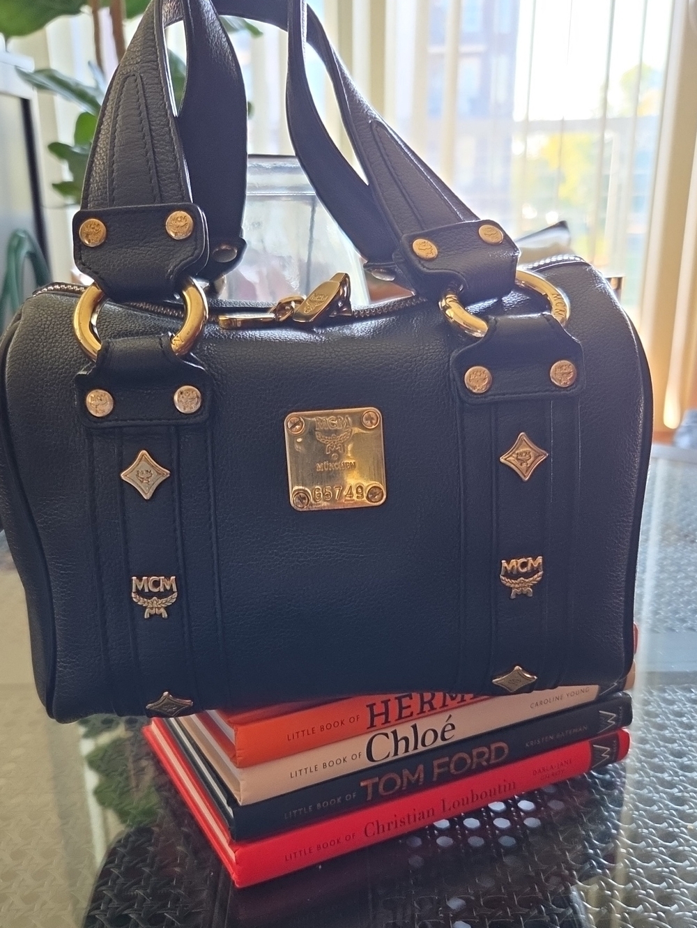 MCM Black Leather Mini Boston Bag with Gold Plaque